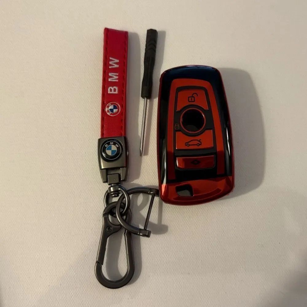 BMW Logo key fob Keychain Red Leather & Key Fob Cover in Red NWT